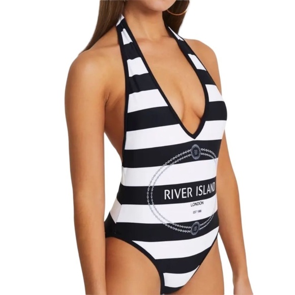 River Island Halter Stripe Logo One-Piece NWOT - Picture 7 of 8
